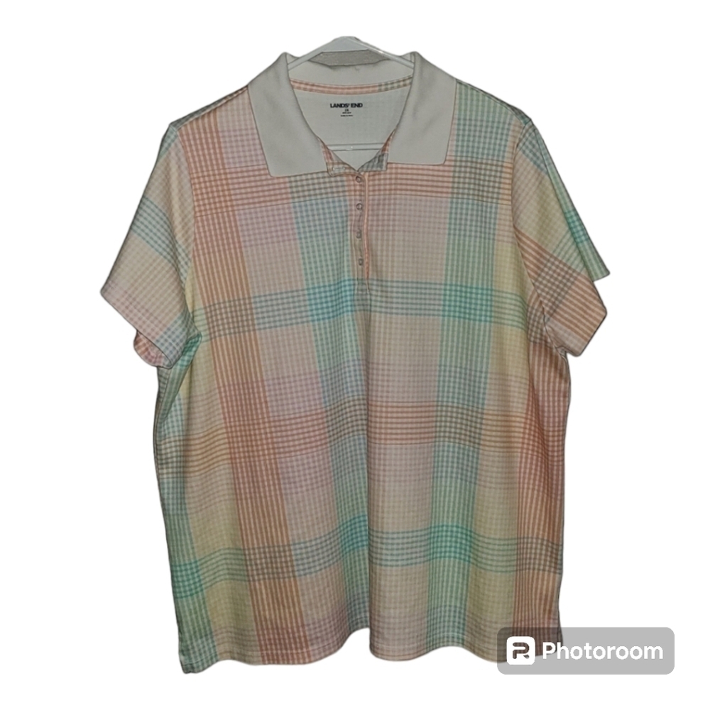 Lands'‎ End polo 2X 20w-22w pastel plaid criss-cross pattern cotton/spandex